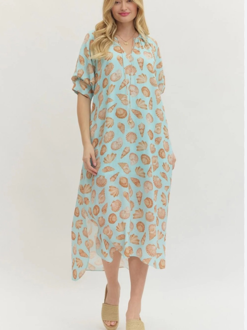 New Aqua Blue Seashell Pattern Maxi Dress